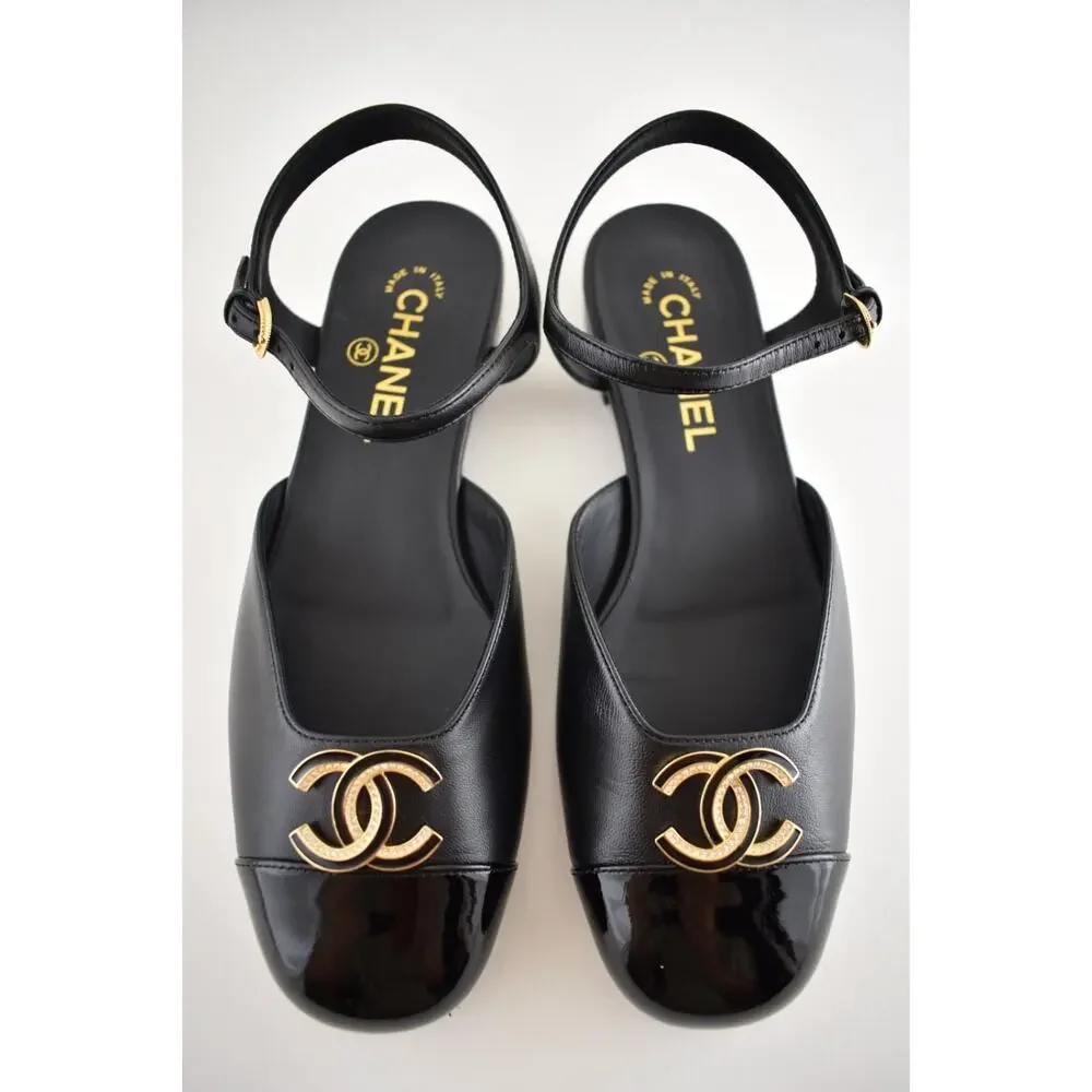 Chanel 25P Black Patent Gold CC Slingback Ankle Strap Ballerina Ballet Flat 38.5